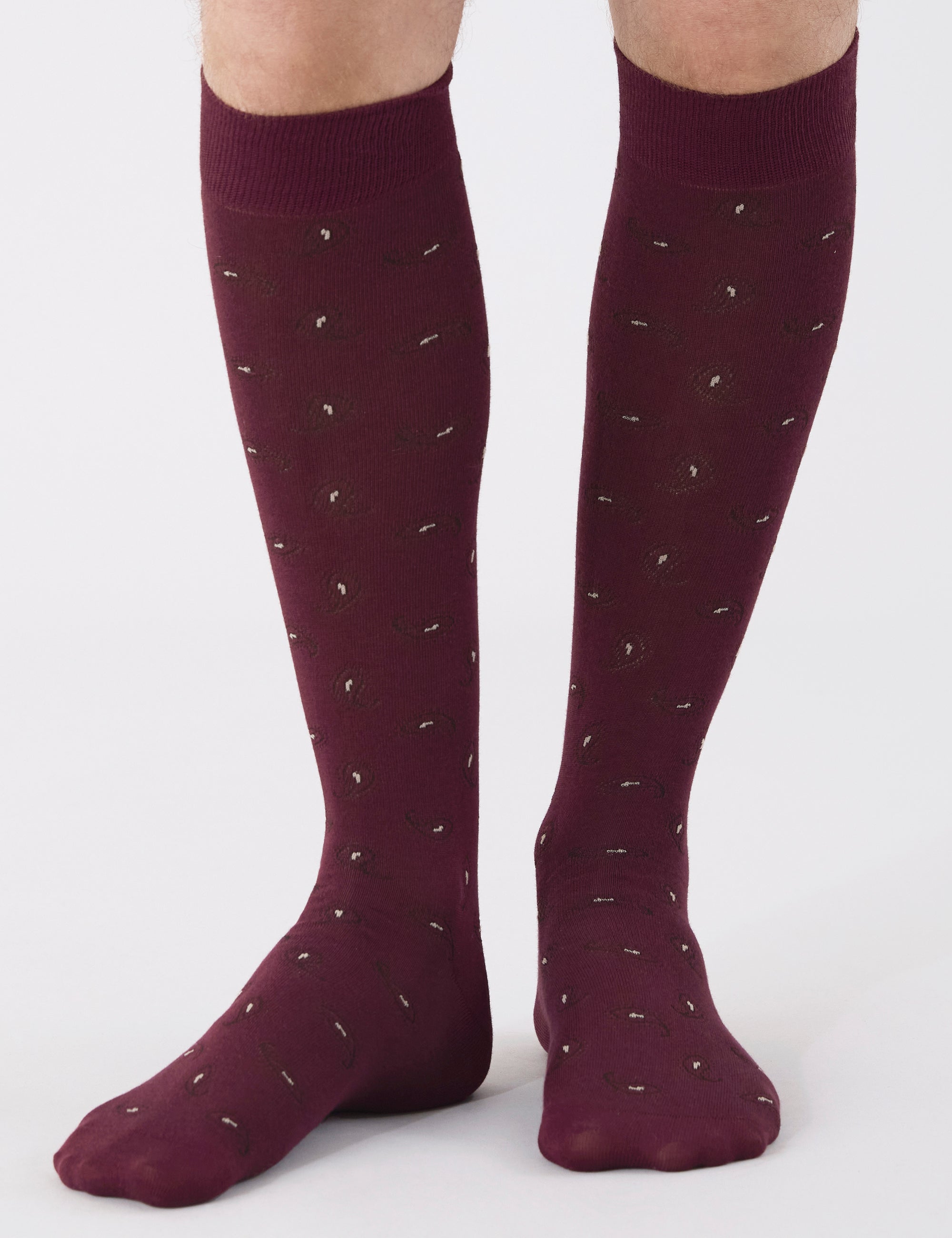 Calza lunga in cotone bordeaux con motivo paisley all over da uomo.
